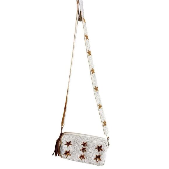 Beaded White Gold Star Crossbody Handbag Purse Rockstar Removeable Strap Bridal - Picture 7 of 16